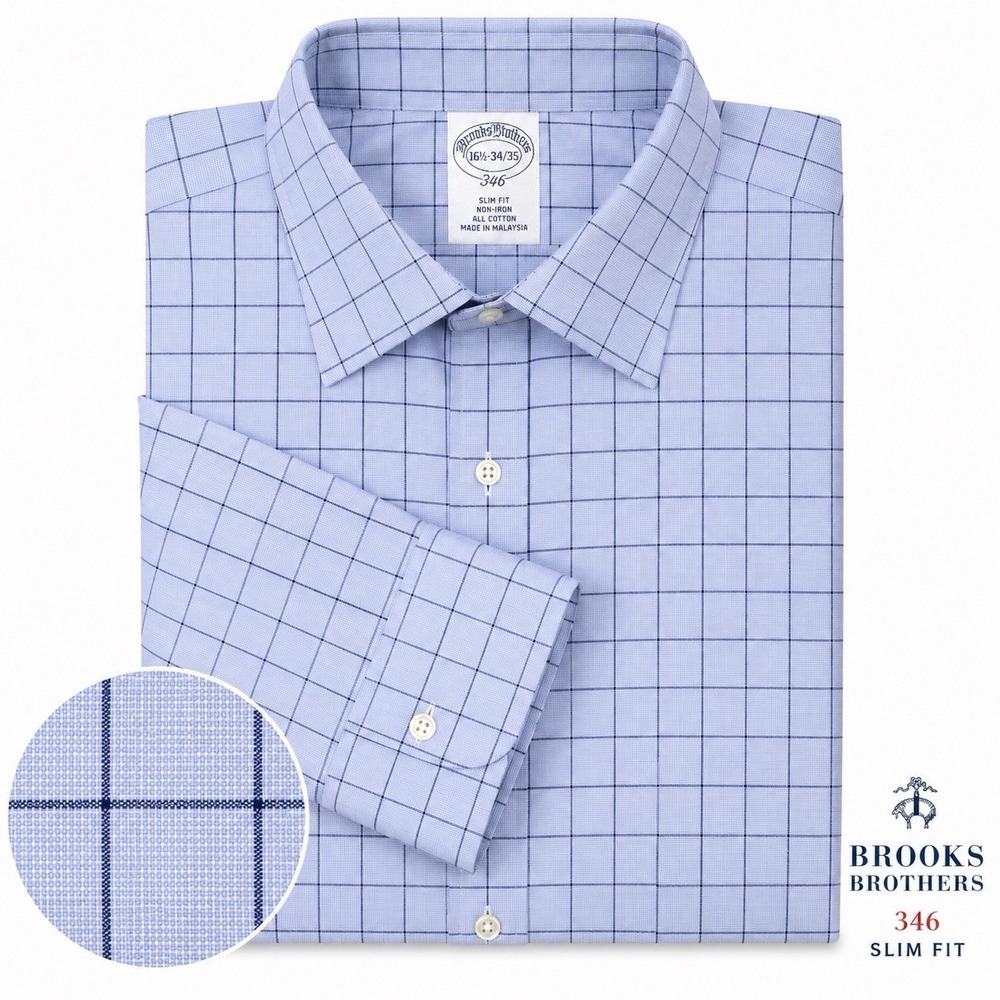 Brooks Brothers 346 Slim Fit Men's 16.5 34/35 Blue Windowpane Non-Iron Shirt